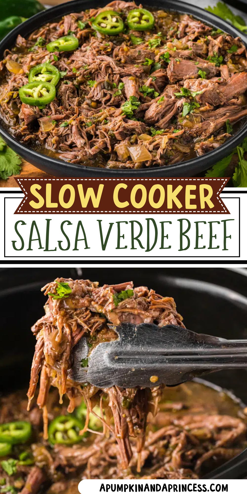 images of salsa verde beef with text overlay.