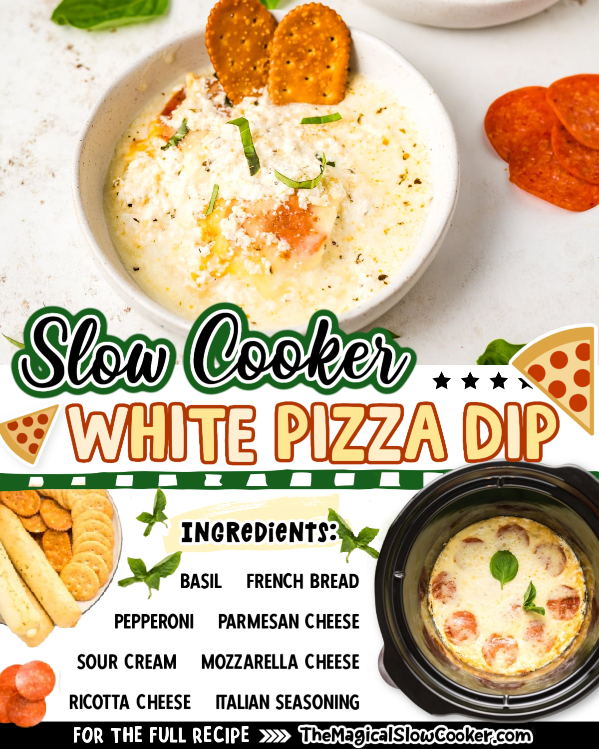 images of white pizza dip with text of what the ingredients are.
