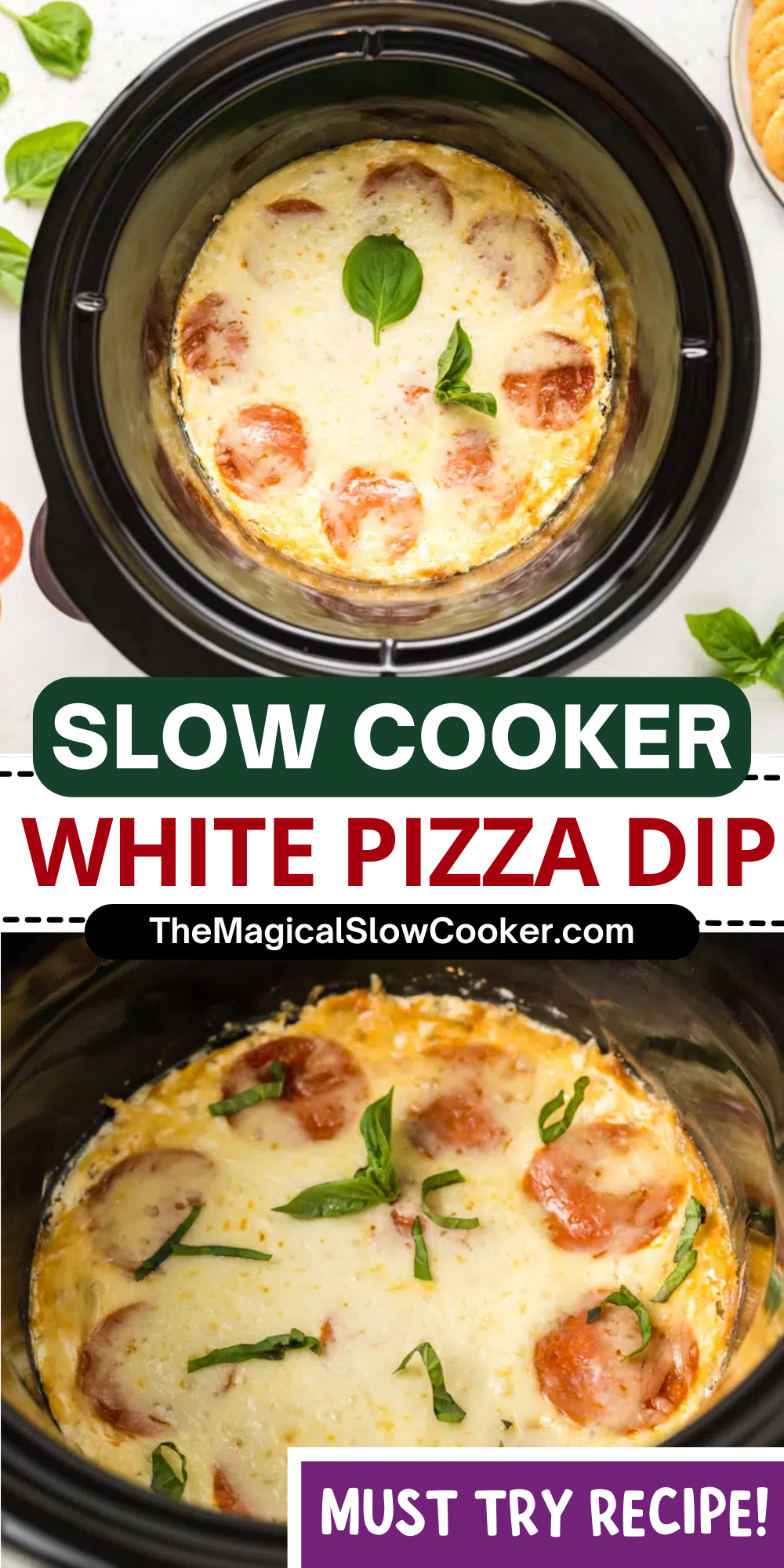 2 images of white pizza dip with text overlay.