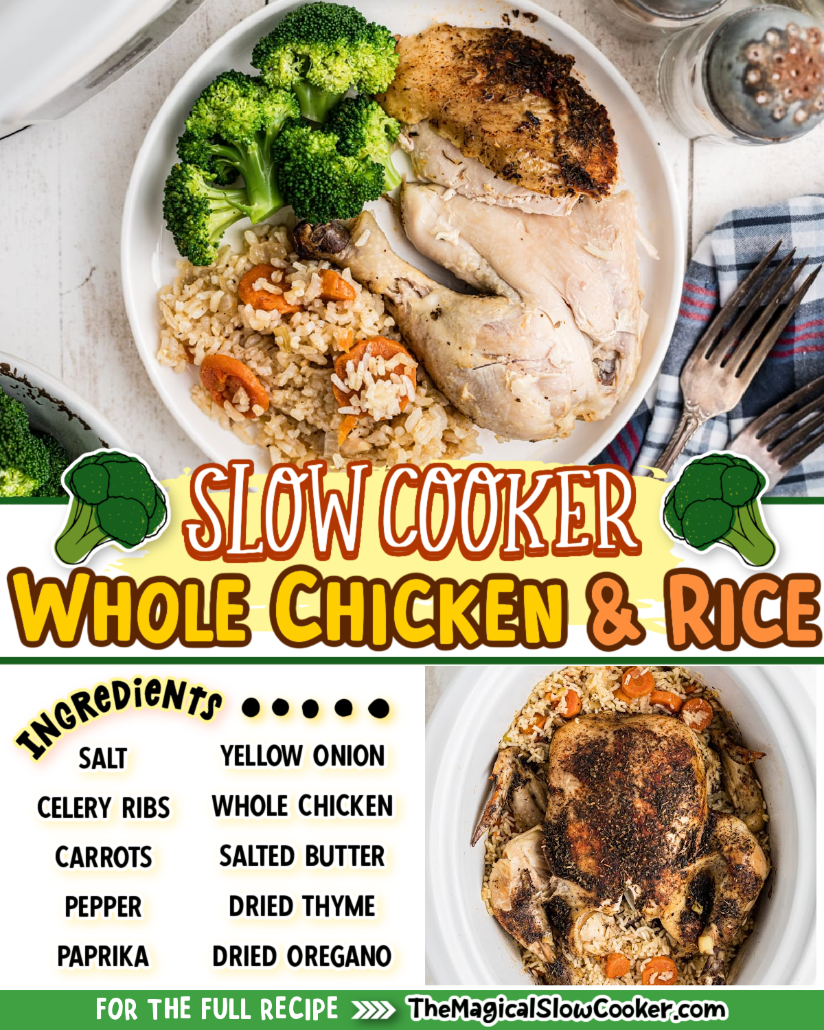 images of whole chicken and rice with text of ingredients for facebook.