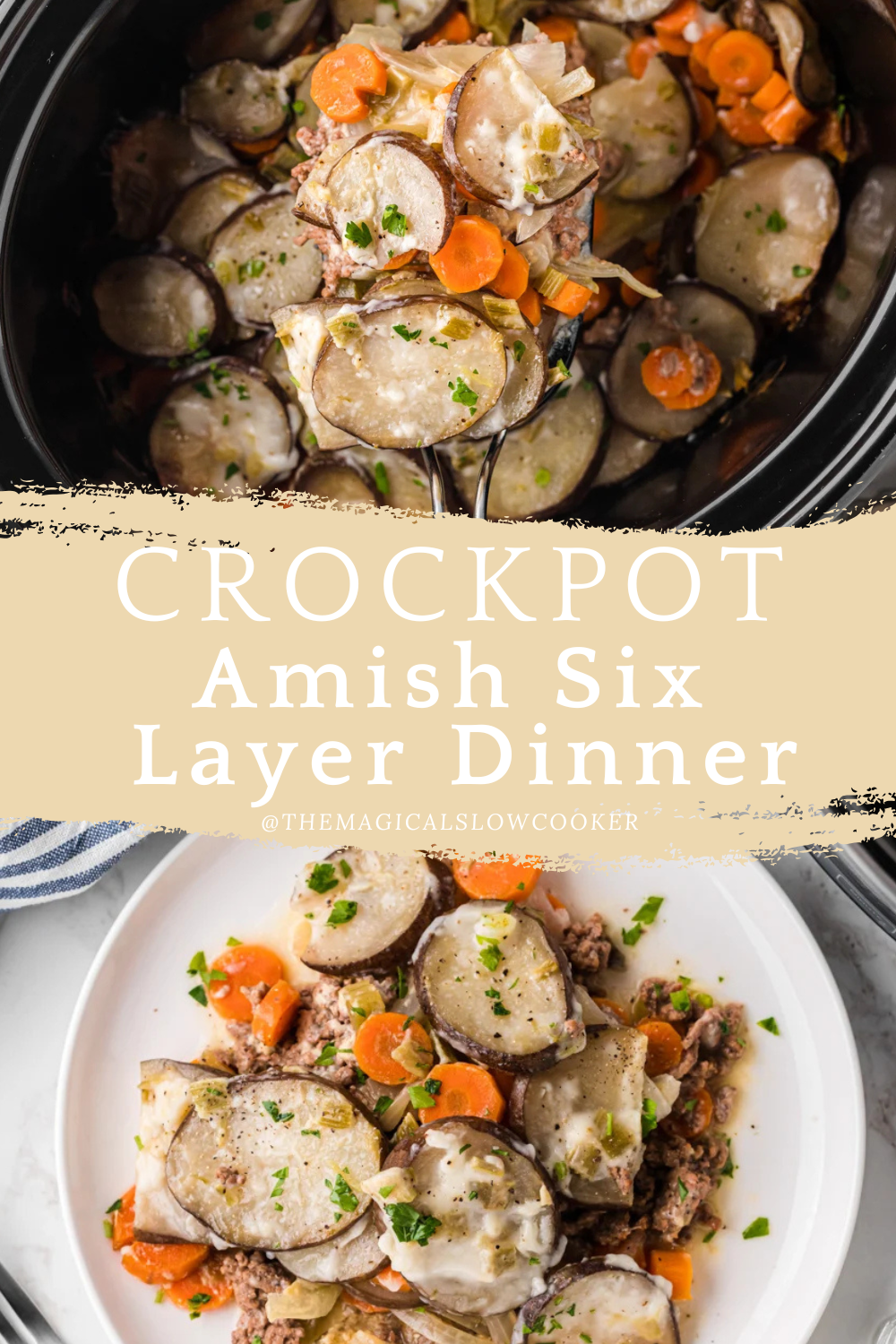 amish six layer dinner in a slow cooker and on a plate.
