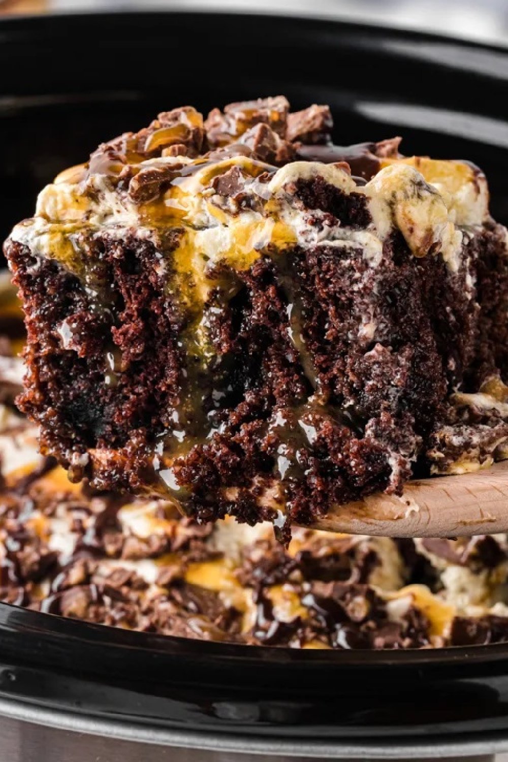 close up image of better than sex cake slice.