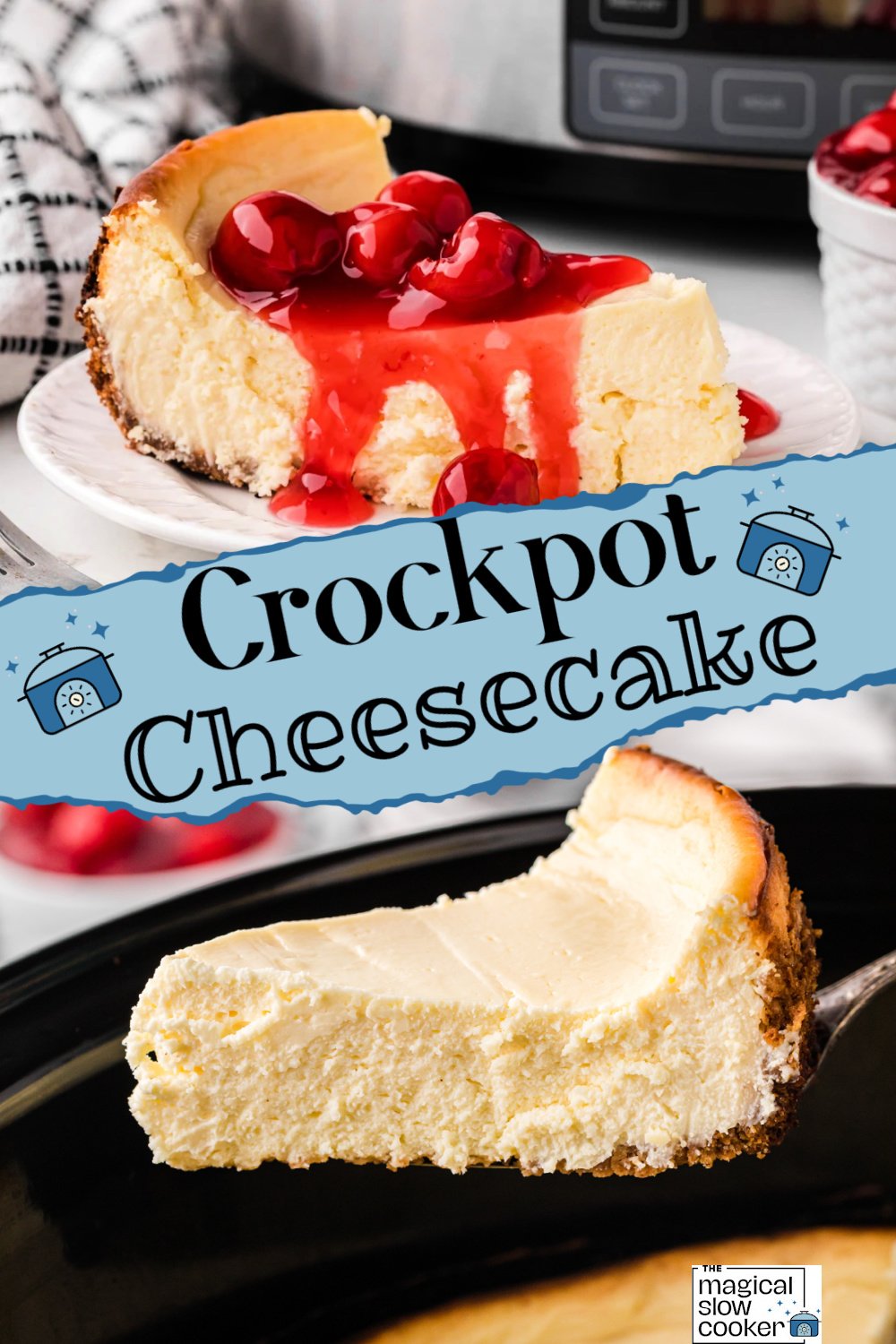 2 images of cherry crockpot cheesecake.