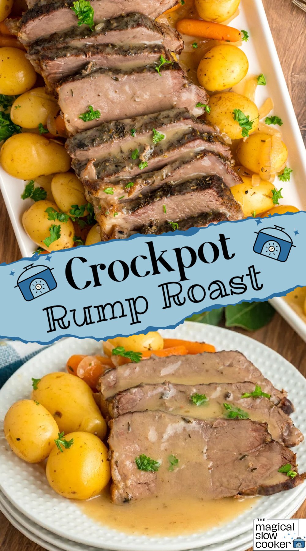 2 images of rump roast made in a crockpot.