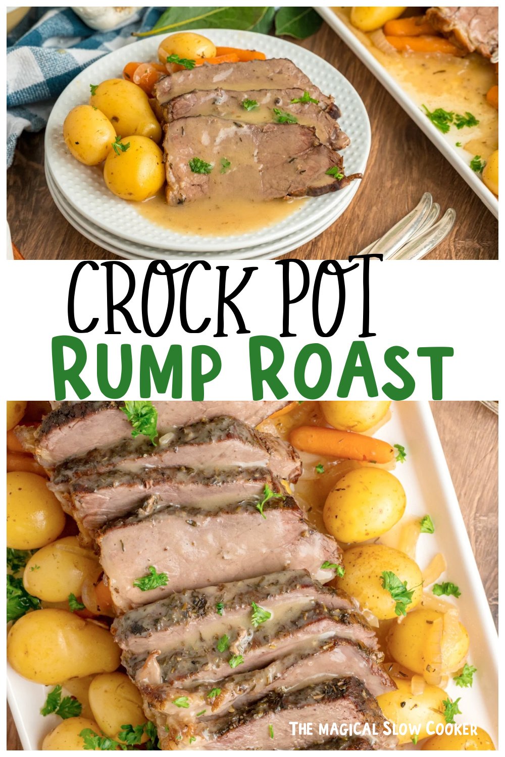 2 images of rump roast for pinterest.
