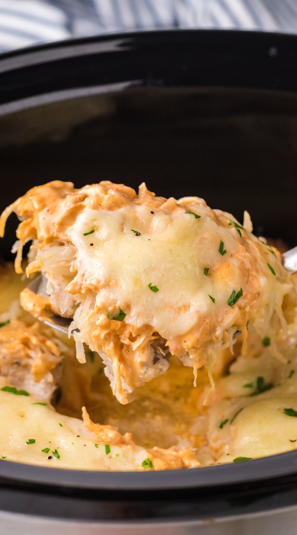 Long image of slow cooker chicken reuben casserole.