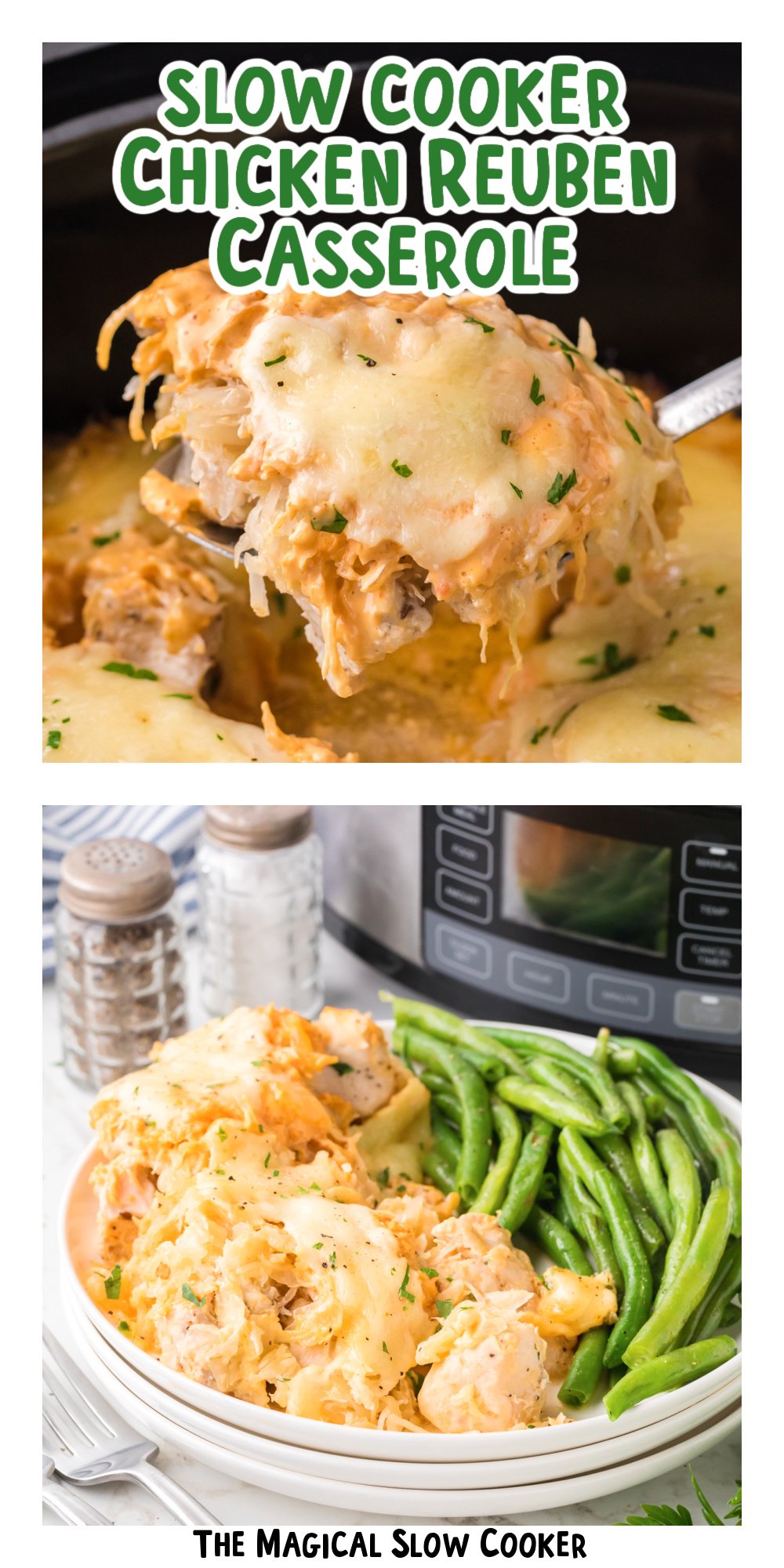 Two images of slow cooker chicken reuben casserole with text title overlay.