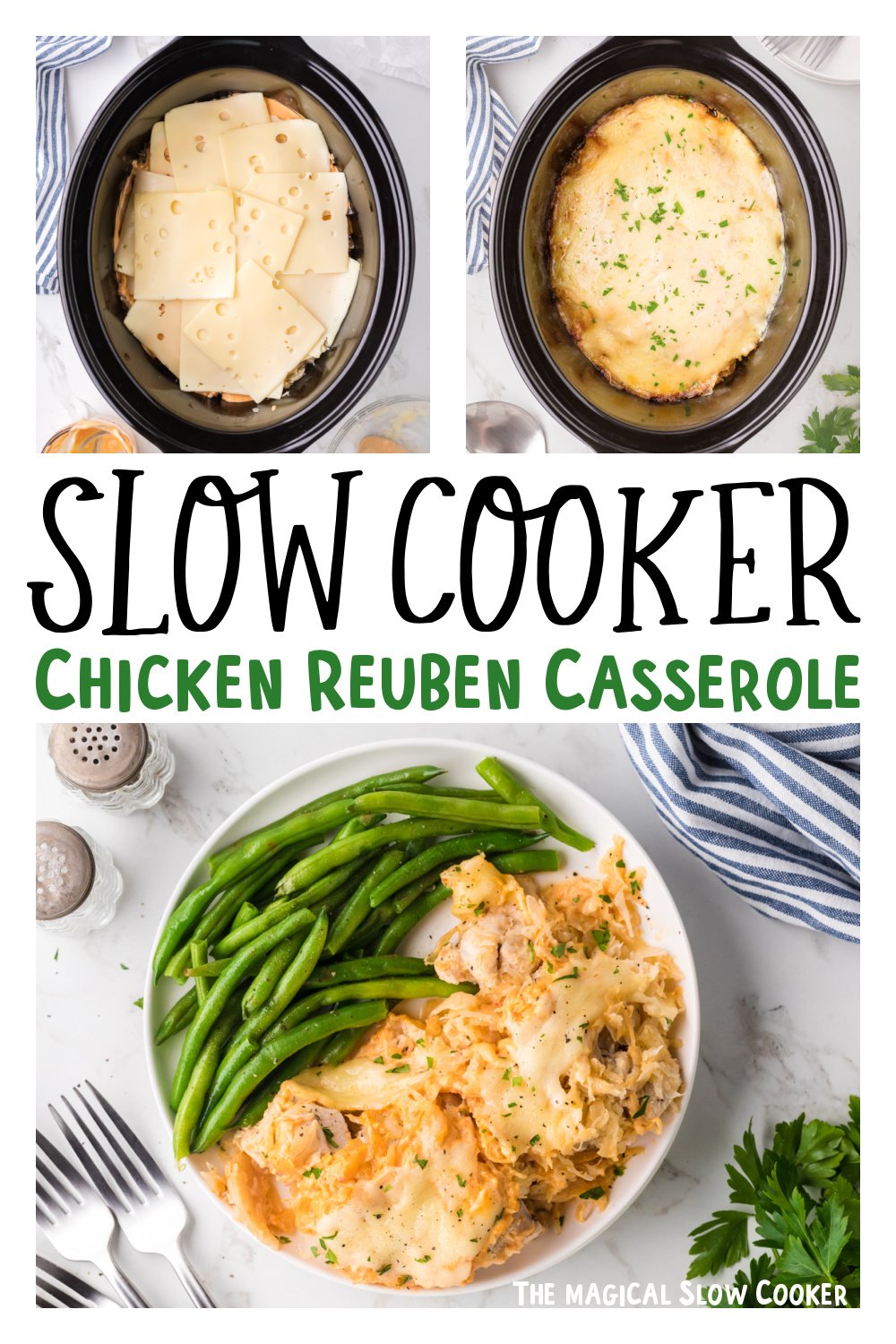 Three images of slow cooker chicken reuben casserole for pinterest.