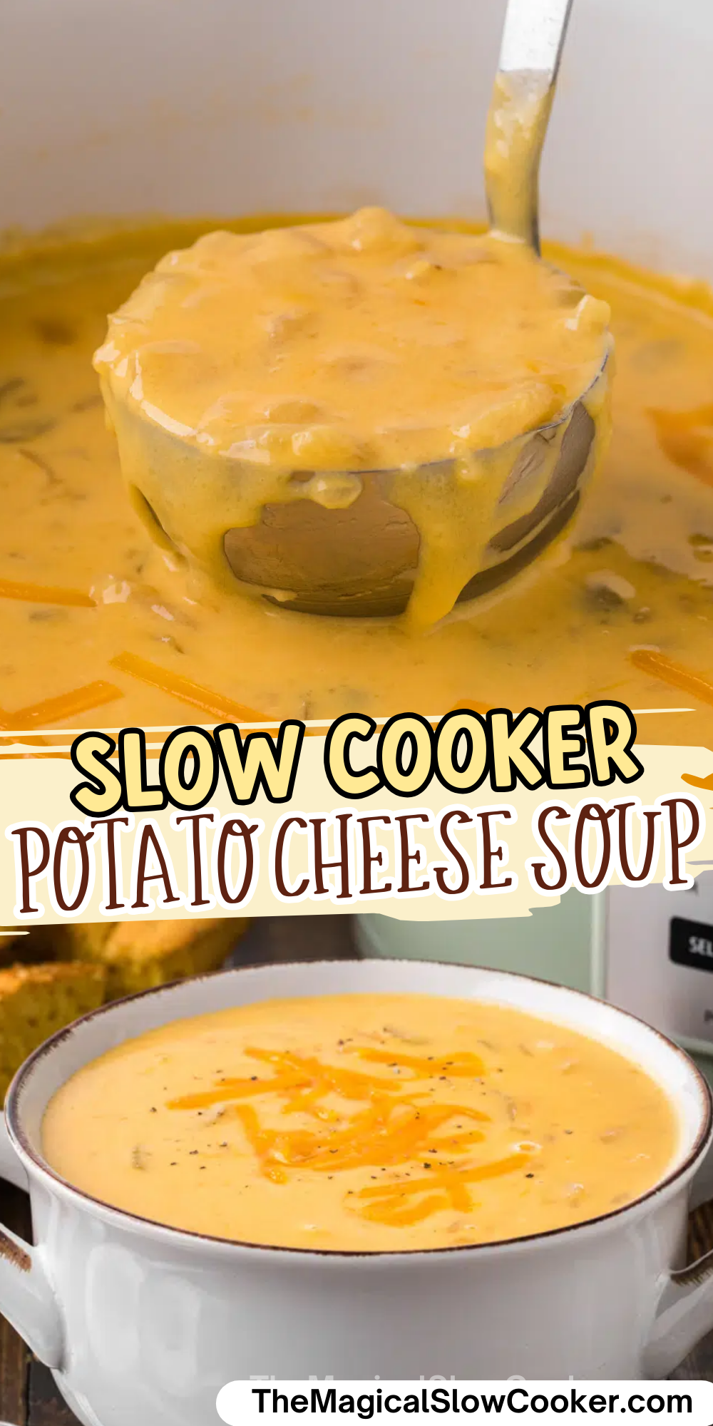 Images of potato cheese soup with text overlay.