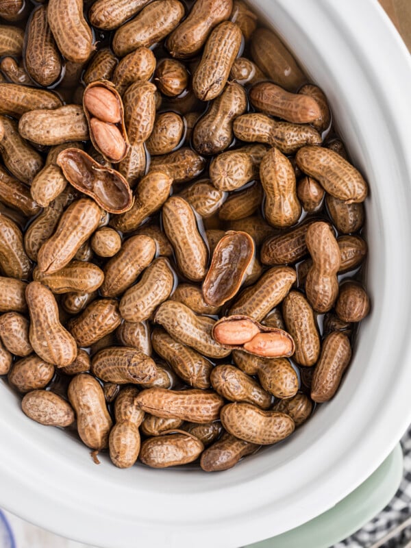 Slow cooker boiled peanuts in a white crockpot.