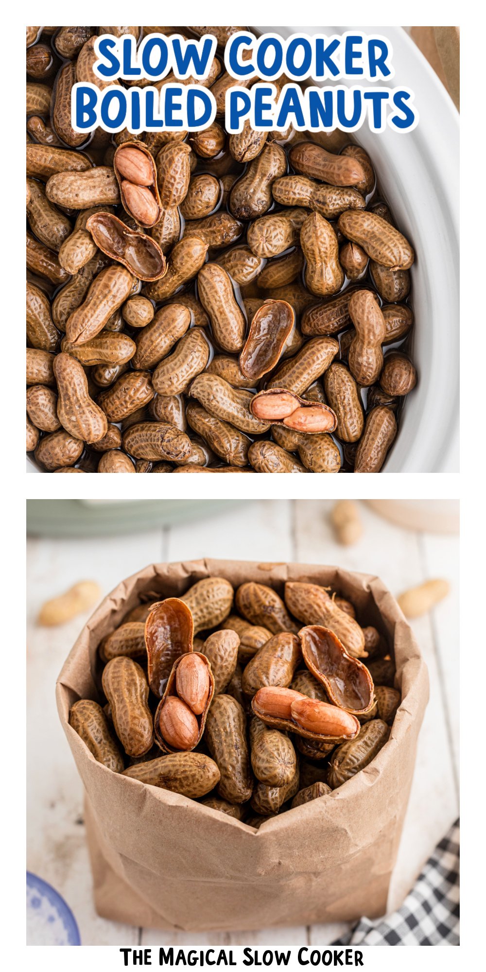 Two images of slow cooker boiled peanuts with text title overlay.