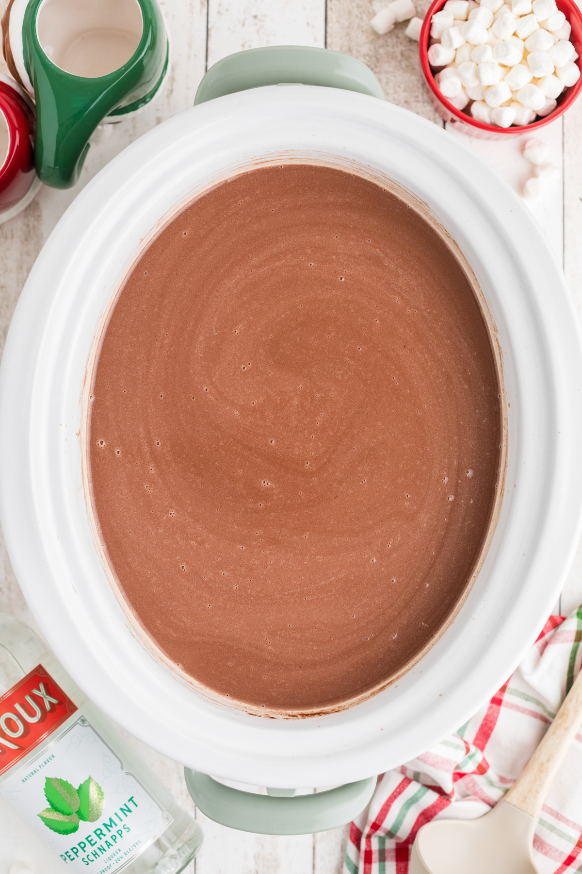 Boozy hot chocolate in a crockpot.
