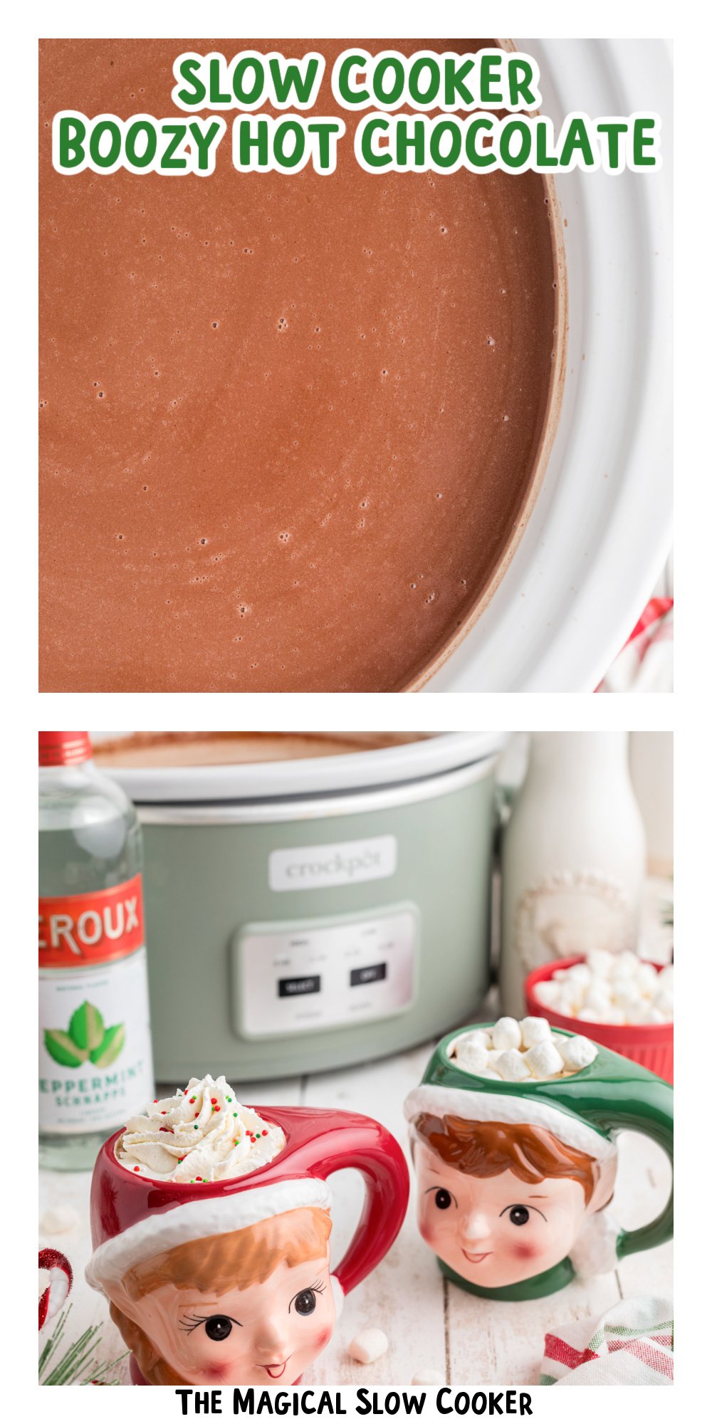 Two images of slow cooker boozy hot chocolate with text title overlay.