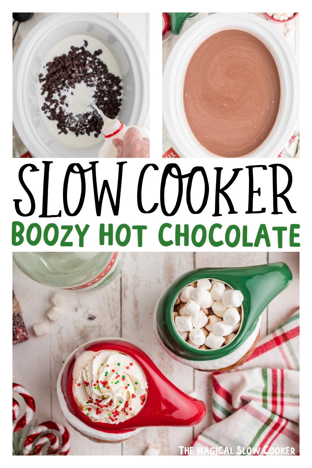 Three images of slow cooker hot chocolate for Pinterest.