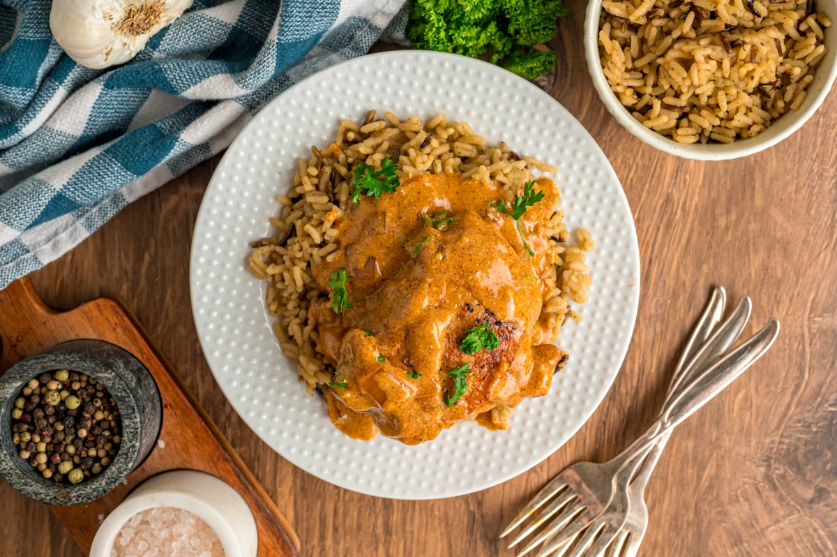 Serving of slow cooker chicken paprika on a white plate.