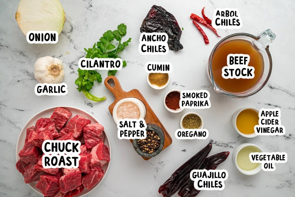 Ingredients for chile colorado on a table.