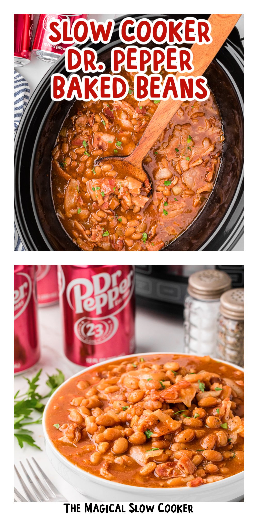 two images of slow cooker dr. pepper baked beans with text title overlay.