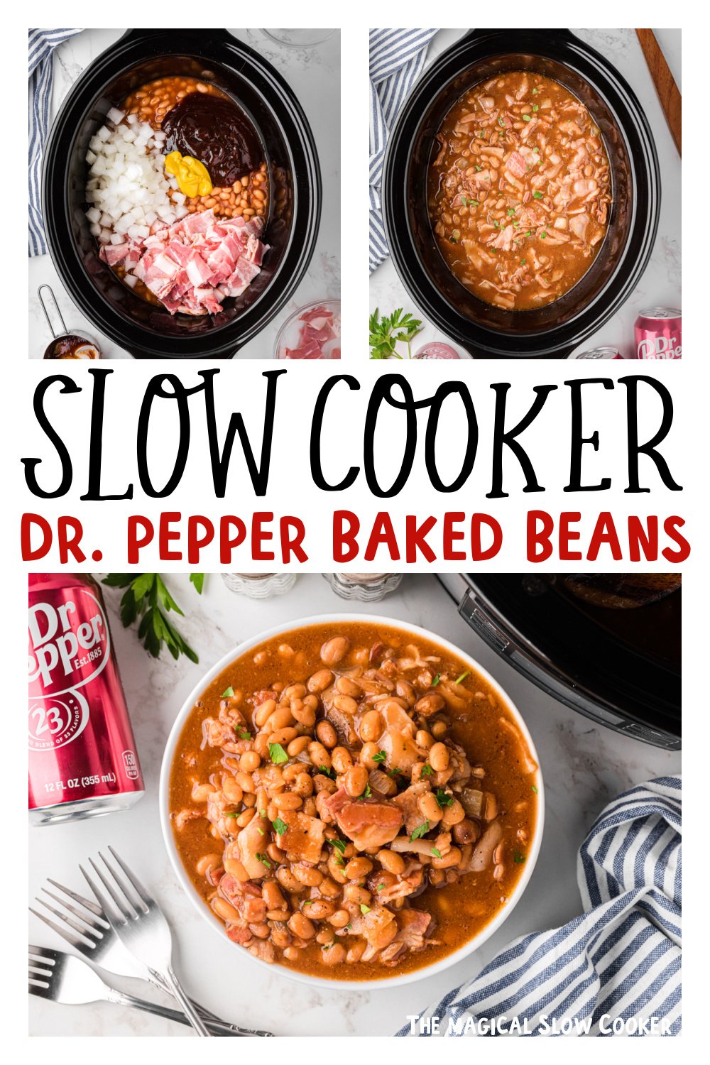 three images of slow cooker dr. pepper baked beans for pinterest.