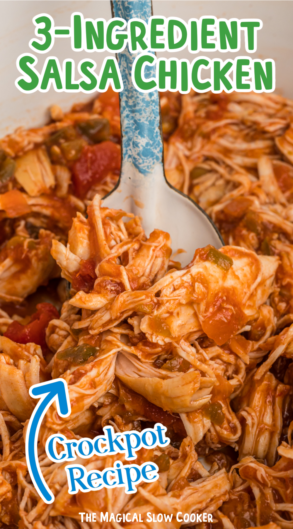 salsa chicken in a slow cooker with text overlay.