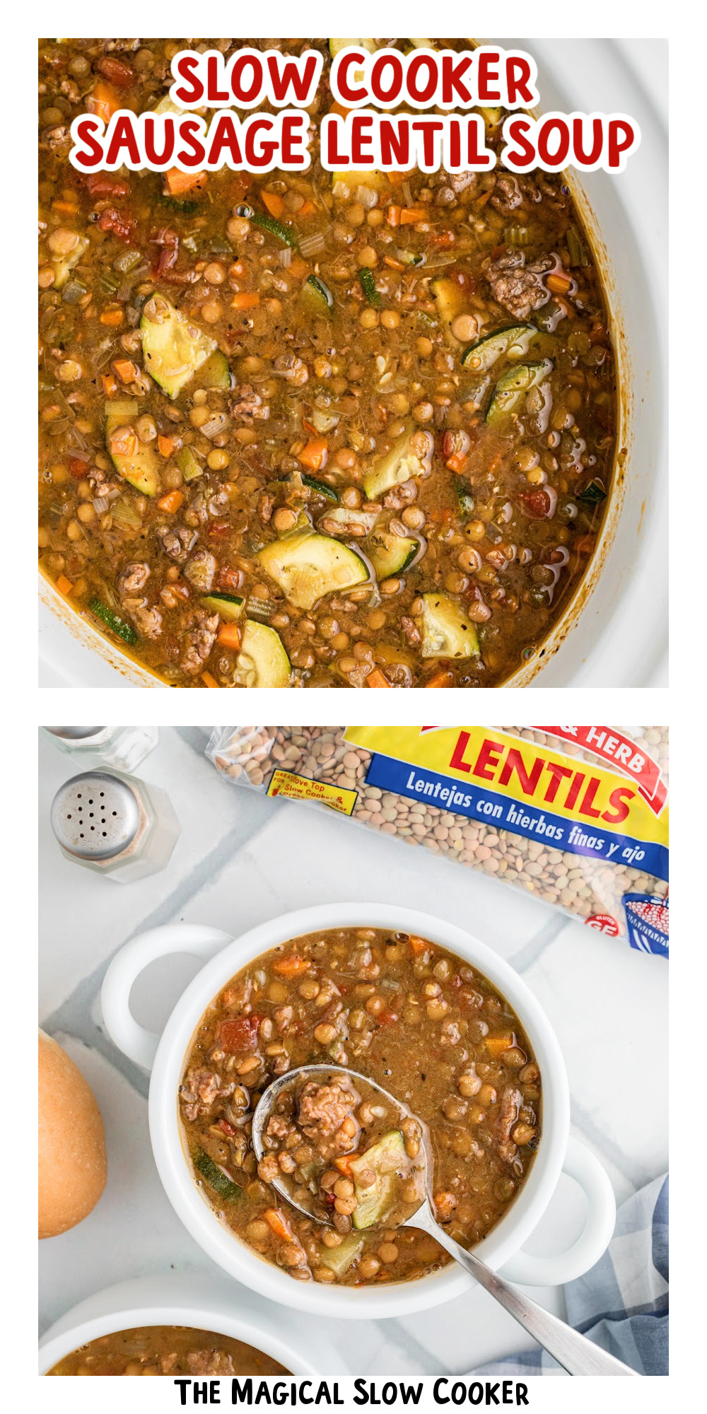 Two images of slow cooker sausage lentil soup with text title overlay.