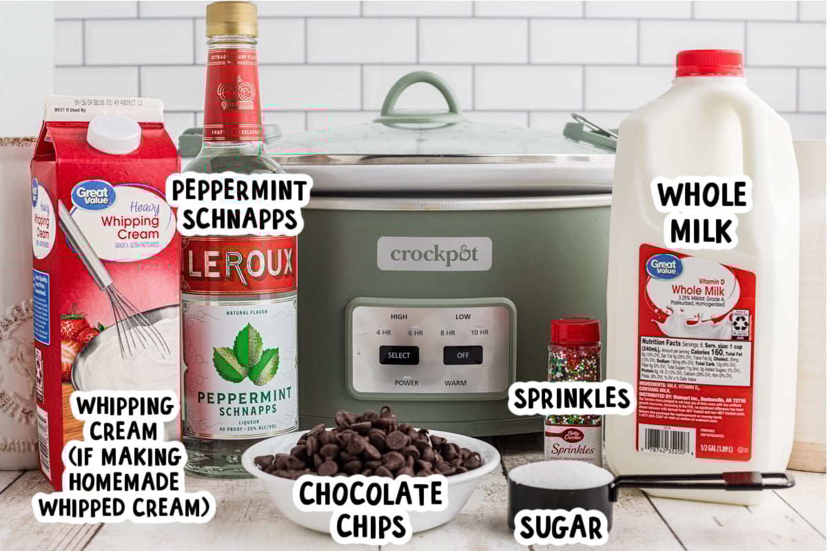 Ingredients for slow cooker boozy hot chocolate near a crockpot.