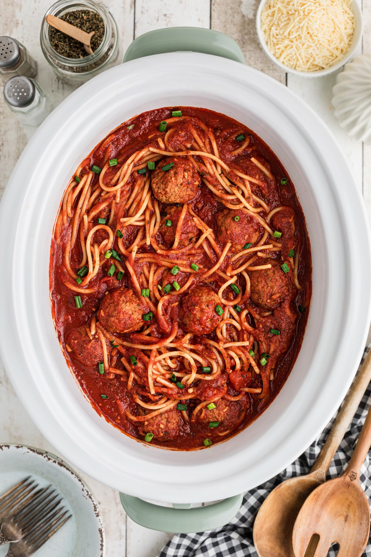 Spaghetti and meatballs after cooking in a slow cooker.