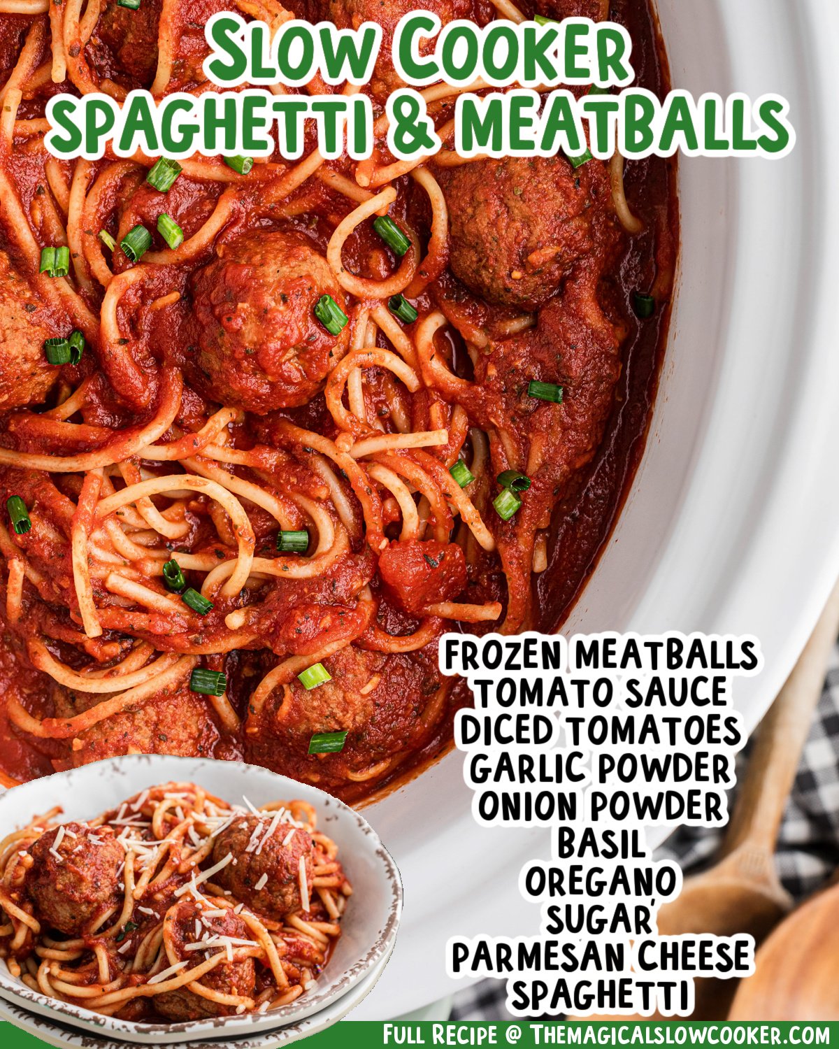 Two images of slow cooker spaghetti and meatballs with text list of ingredients.