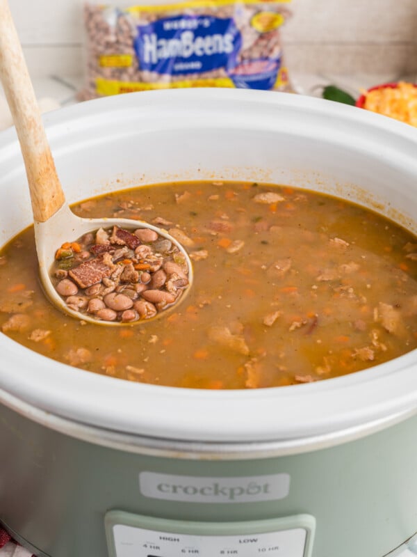 spicy pinto bean soup in a slow cooke with ladle.