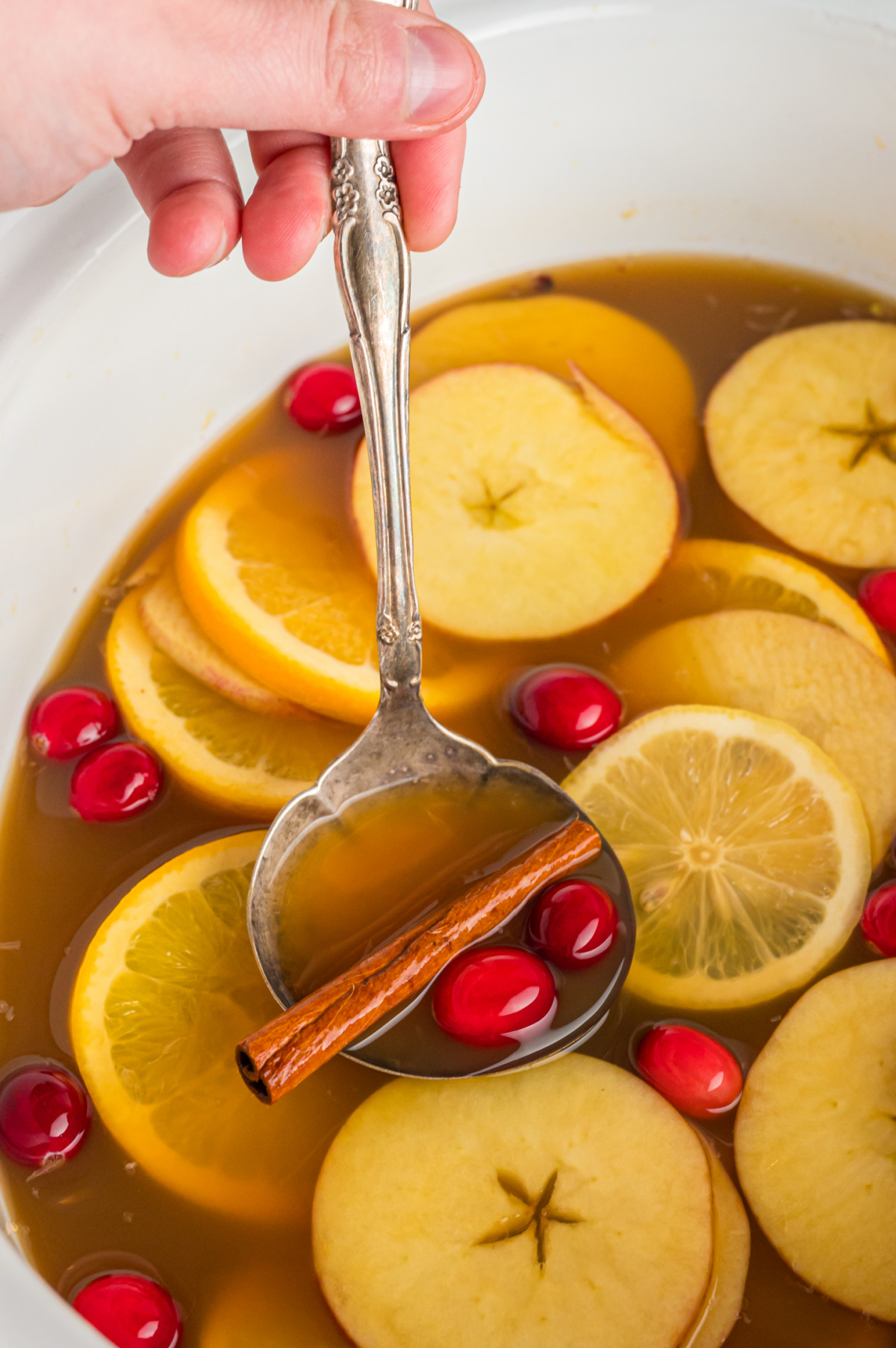 Apple cider in a slow cooker with ladle coming out.