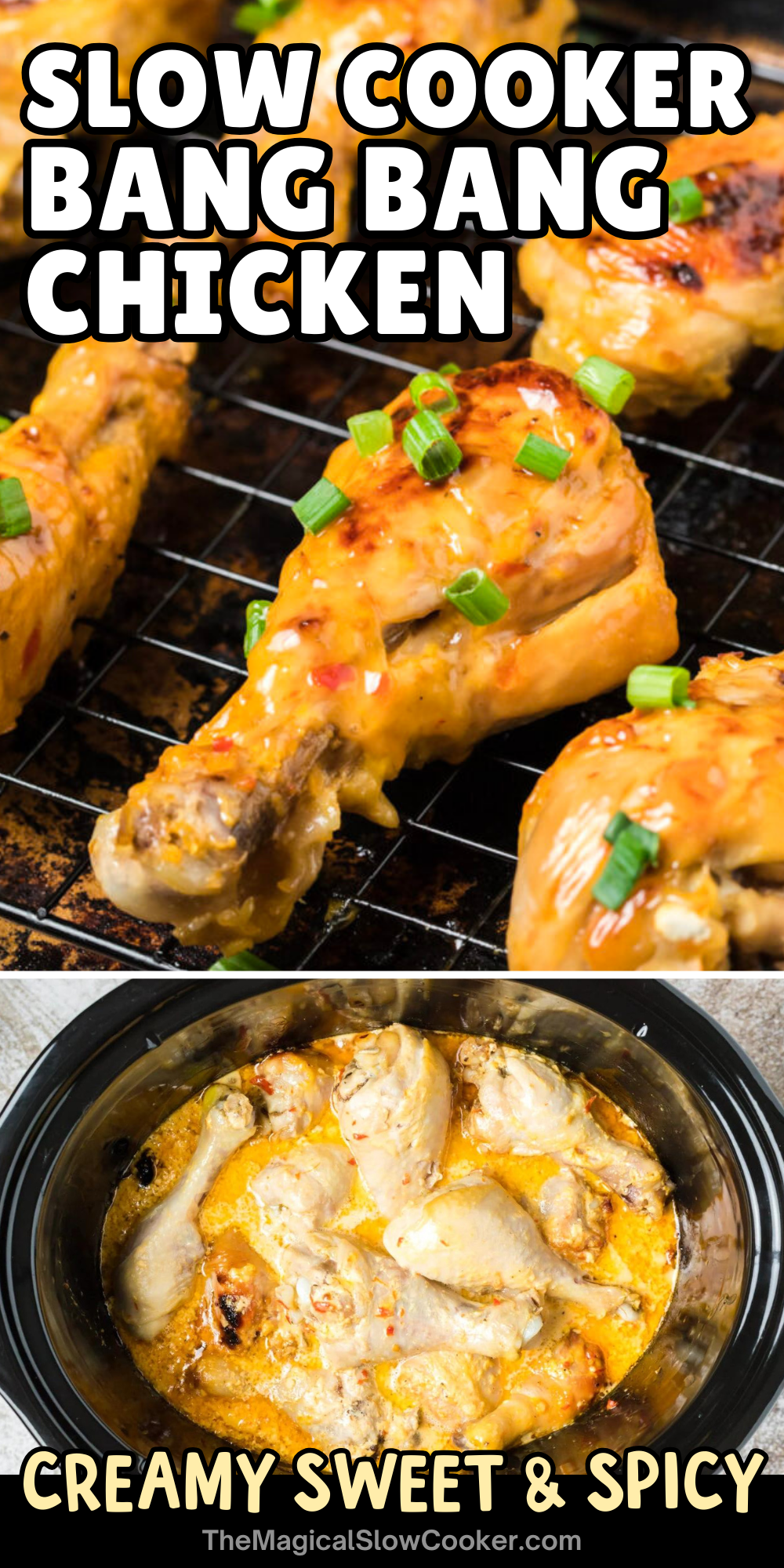 Bang bang chicken images with text overlay for pinterest.