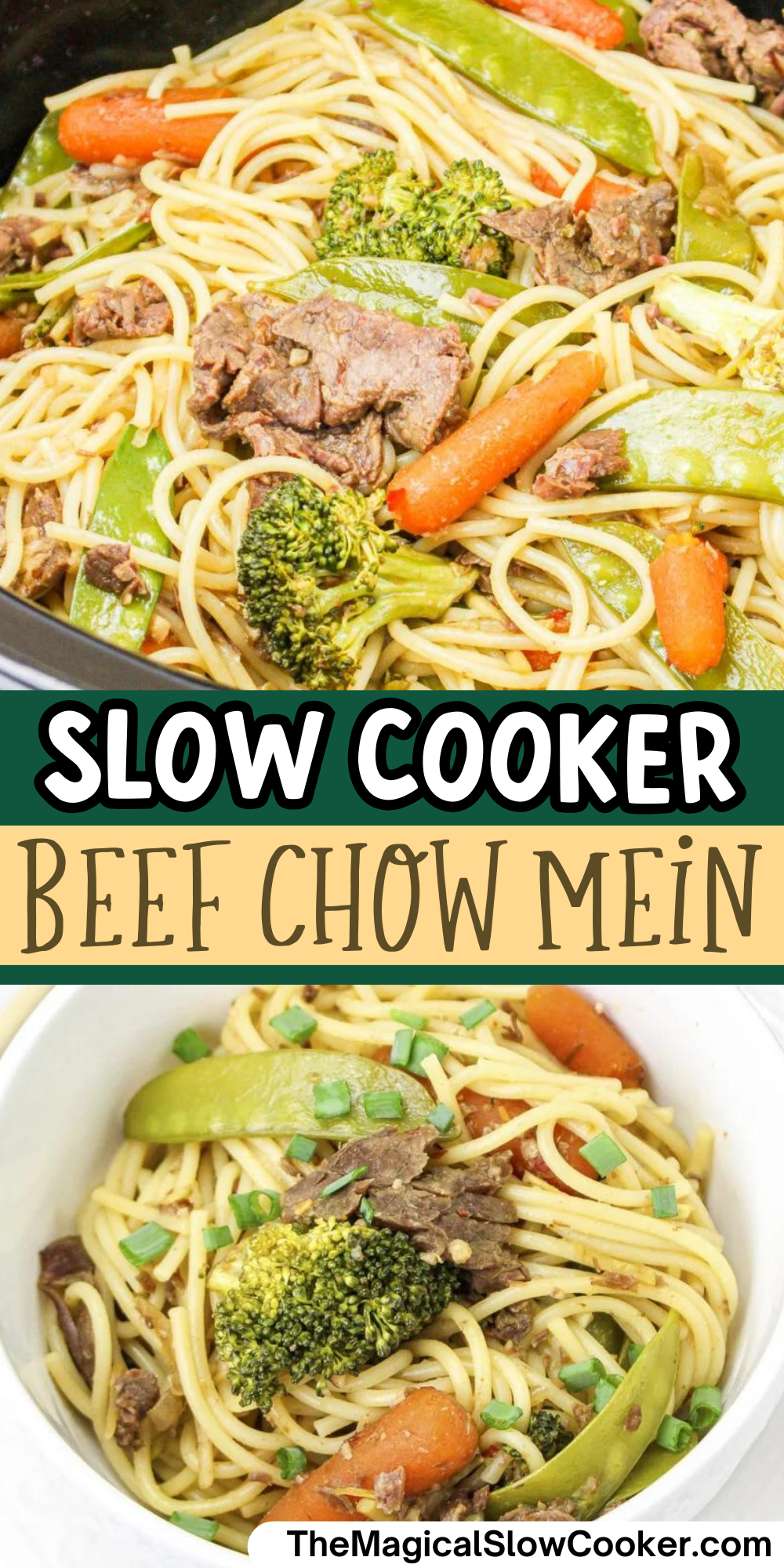 Beef chow mein images with text overlay for pinterest.