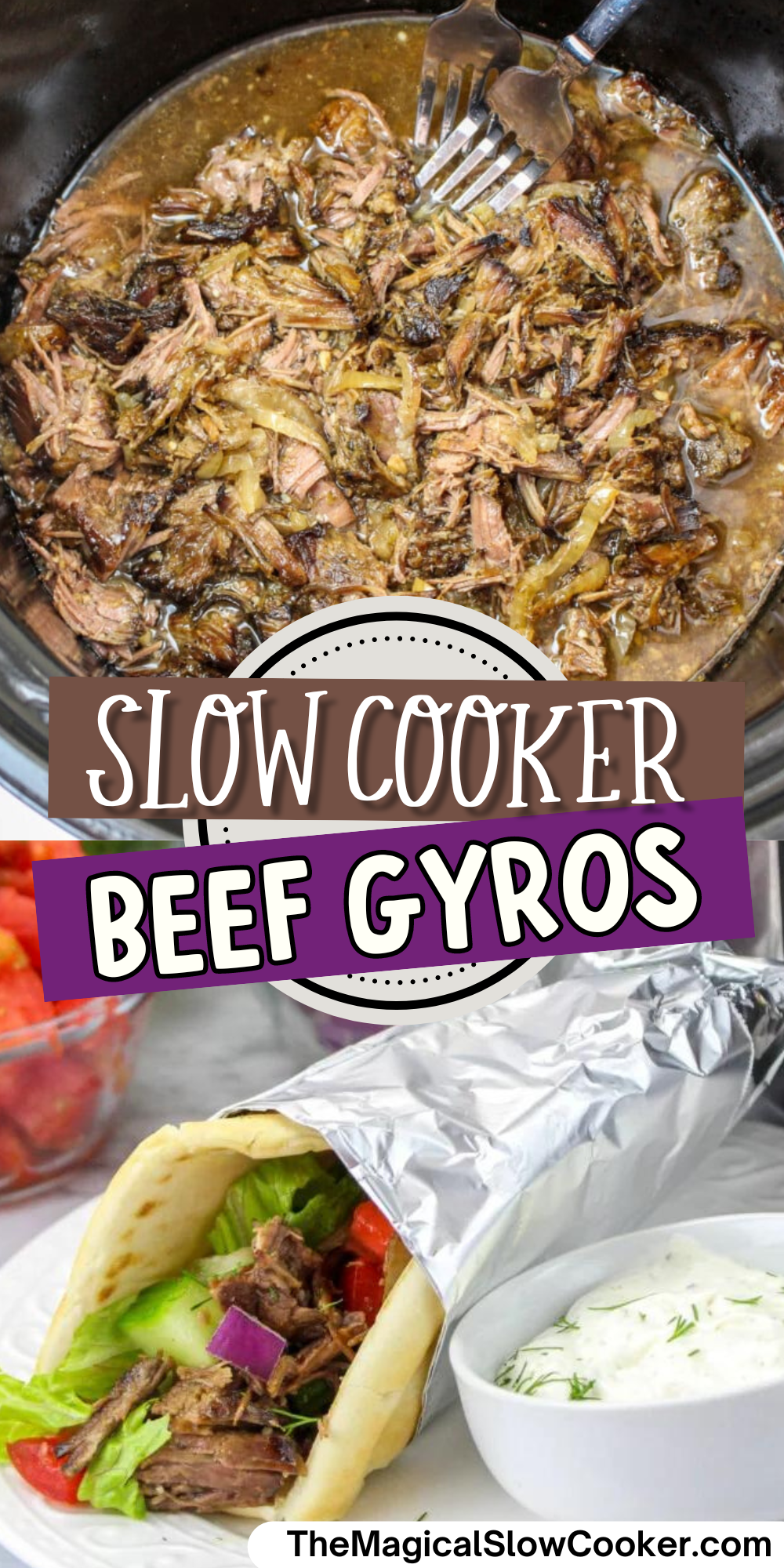 Beef gyros images with text overlay for pinterest.
