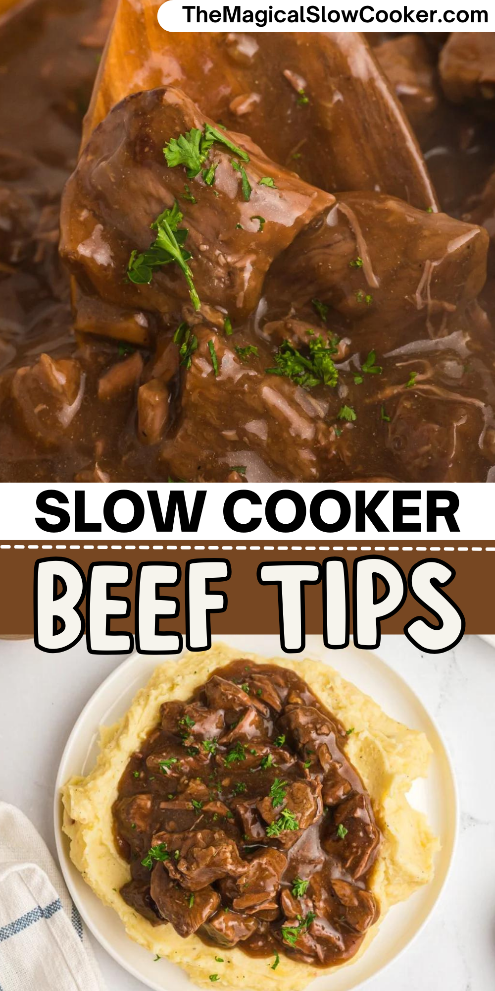 Beef tips images with text overlay for pinterest.