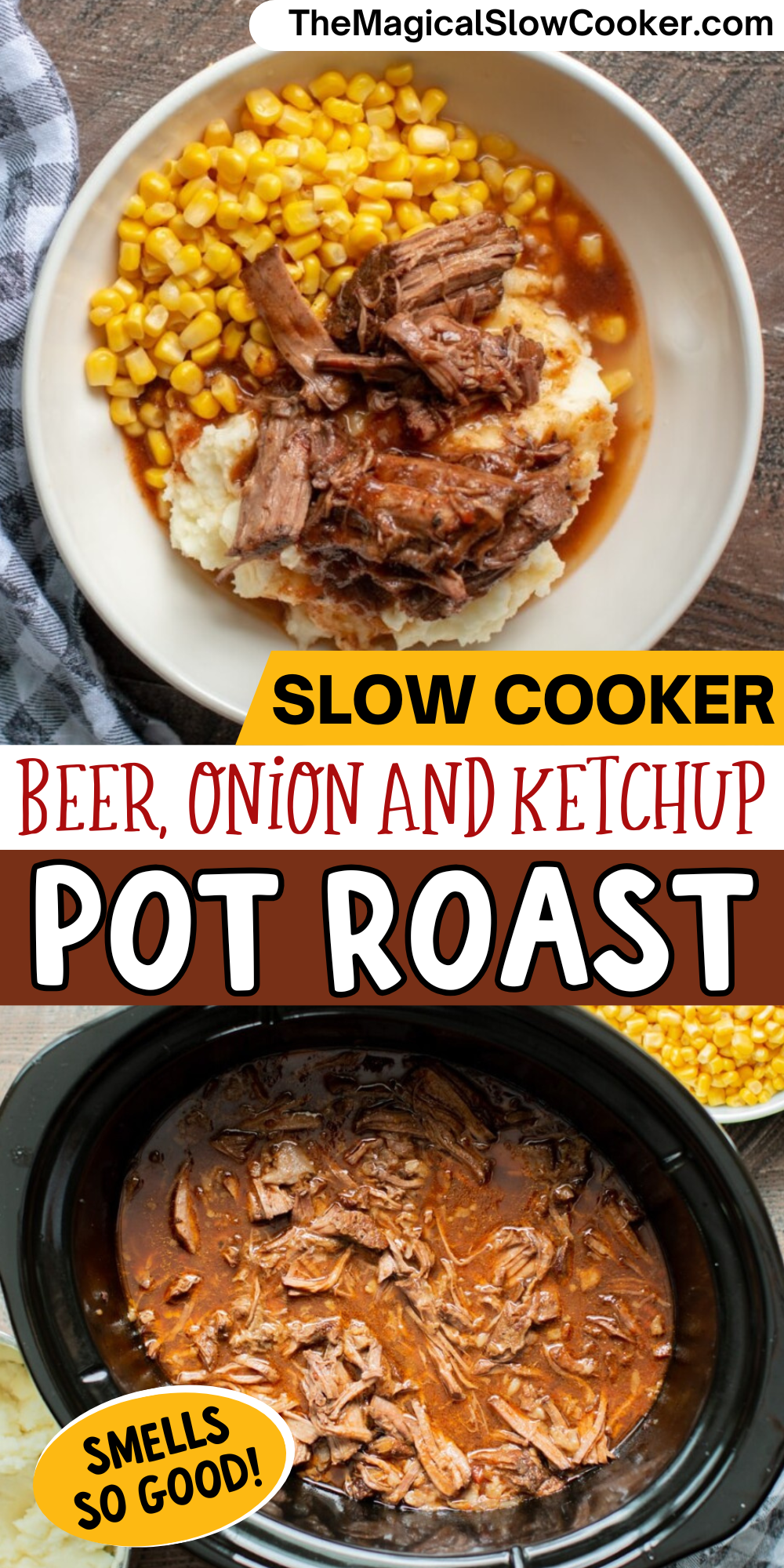 Beer, onion, and ketchup pot roast images with text overlay for pinterest.