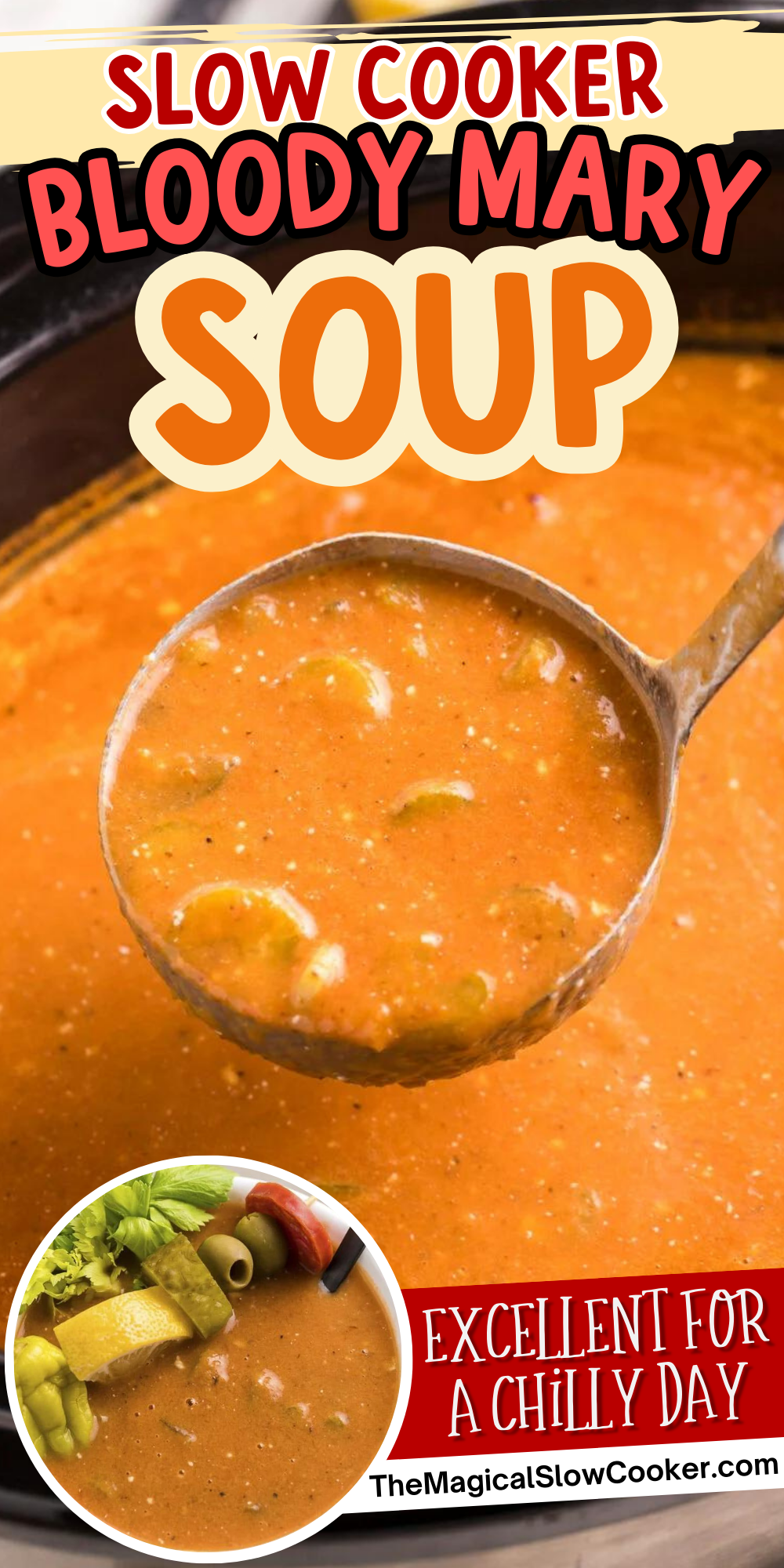 Bloody Mary soup images with text overlay for pinterest.
