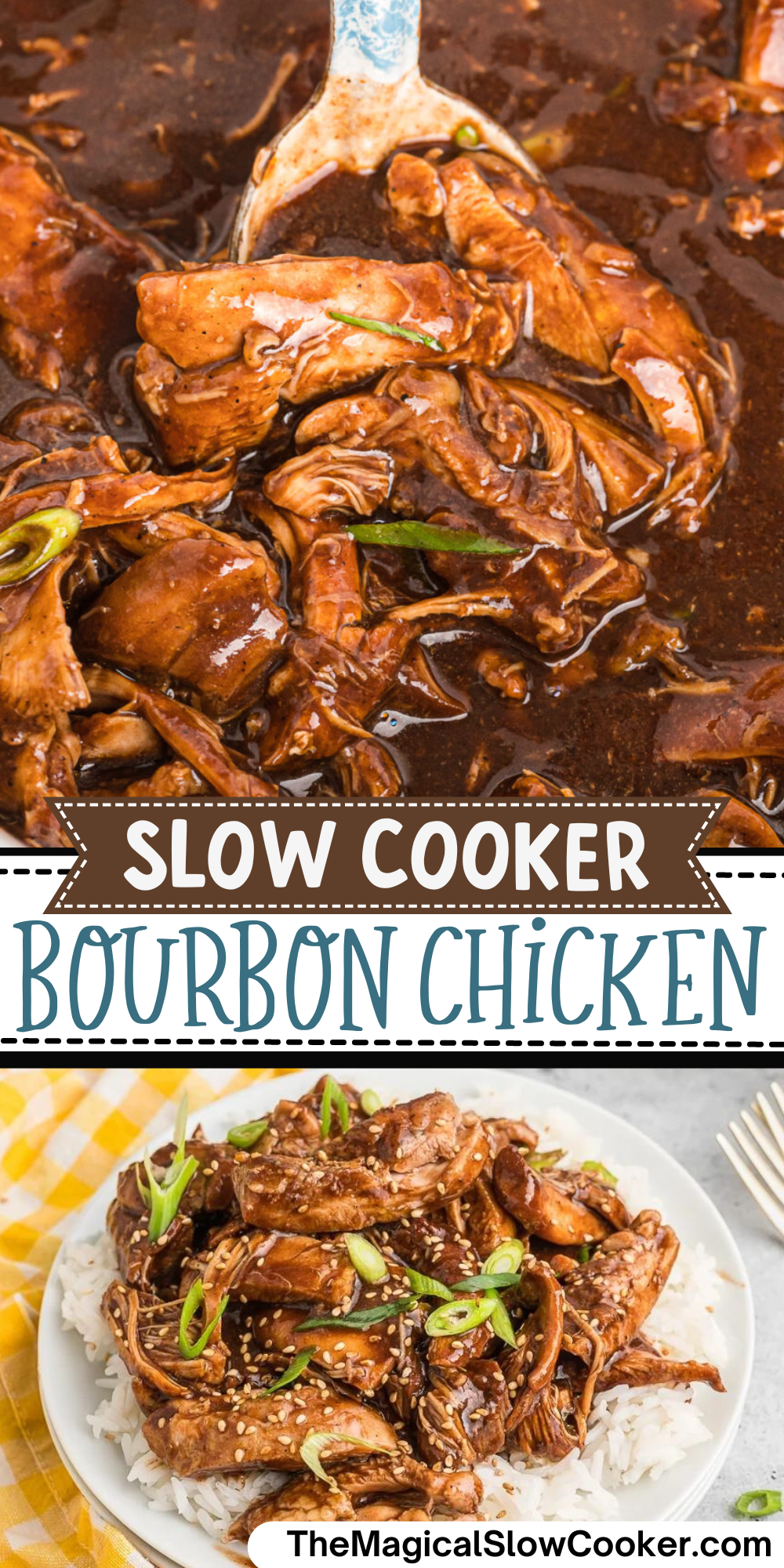 Bourbon chicken images with text overlay for pinterest.