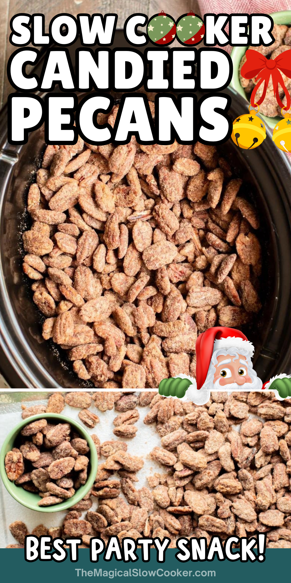 Candied pecans images with text overlay for pinterest.