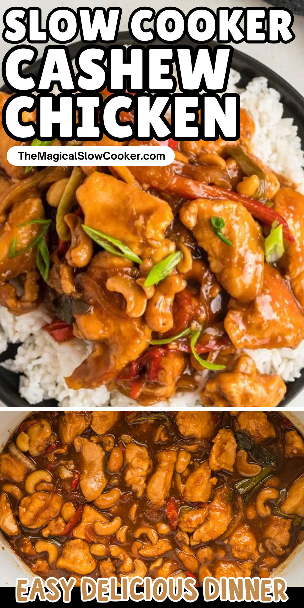 Cashew chicken images with text overlay for pinterest.