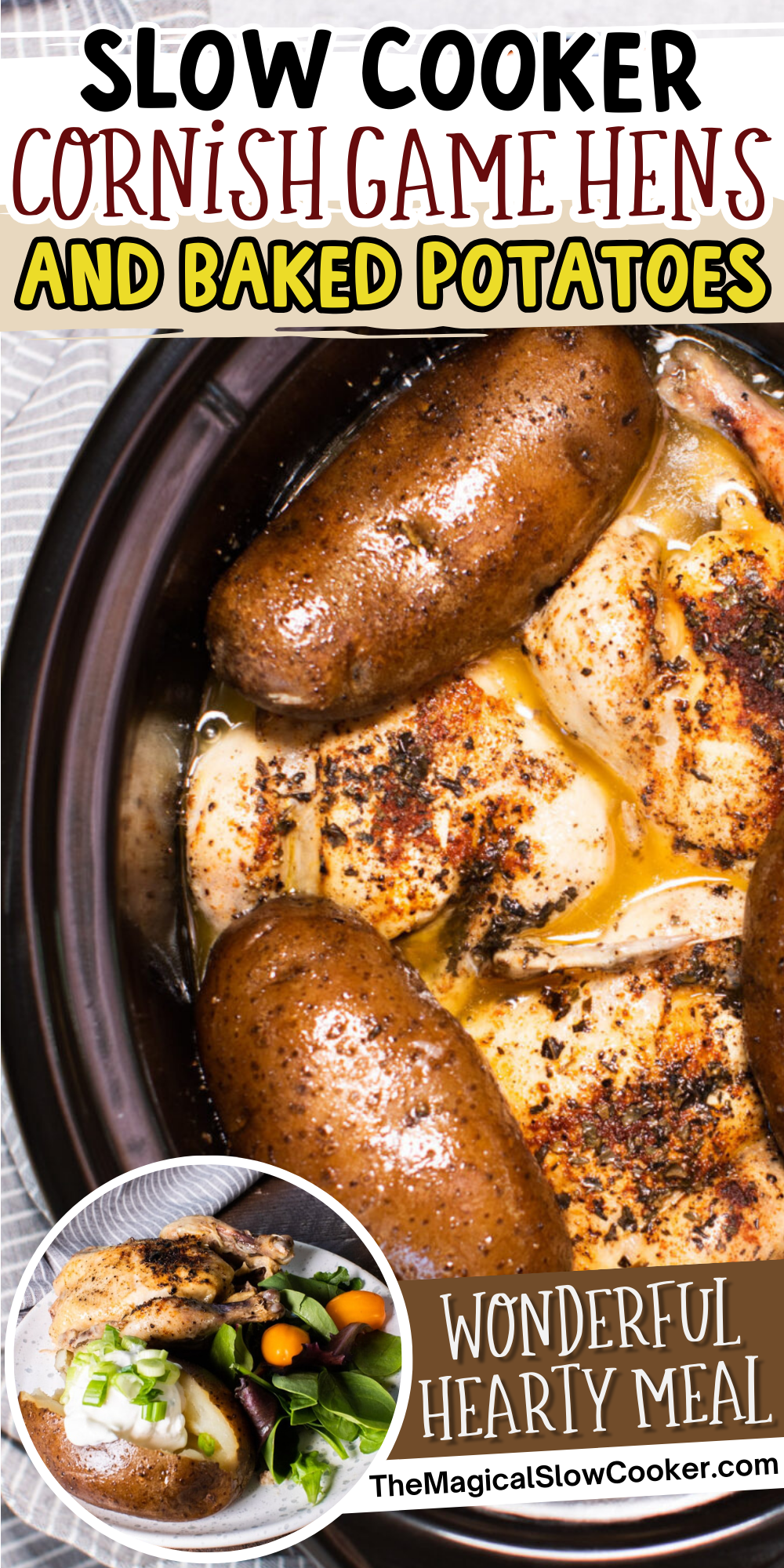 Cornish game hens and baked potatoes images with text overlay for pinterest.