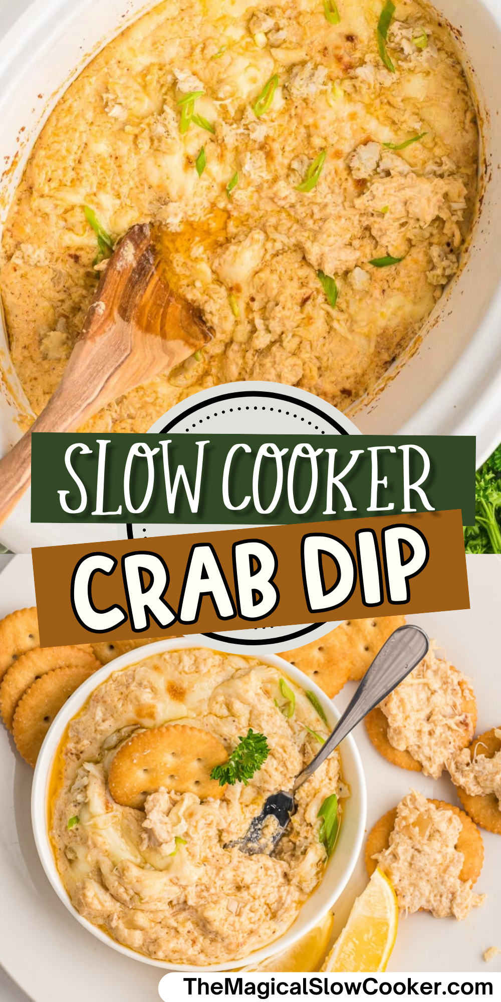 Crab dip images with text overlay for pinterest.