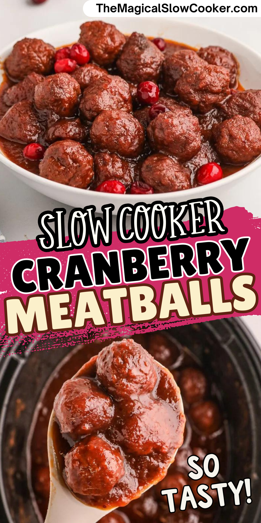 Cranberry meatballs images with text overlay for pinterest.