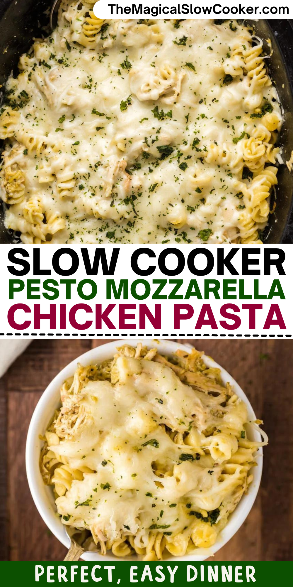 Pesto mozzarella chicken pasta images with text overlay for pinterest.