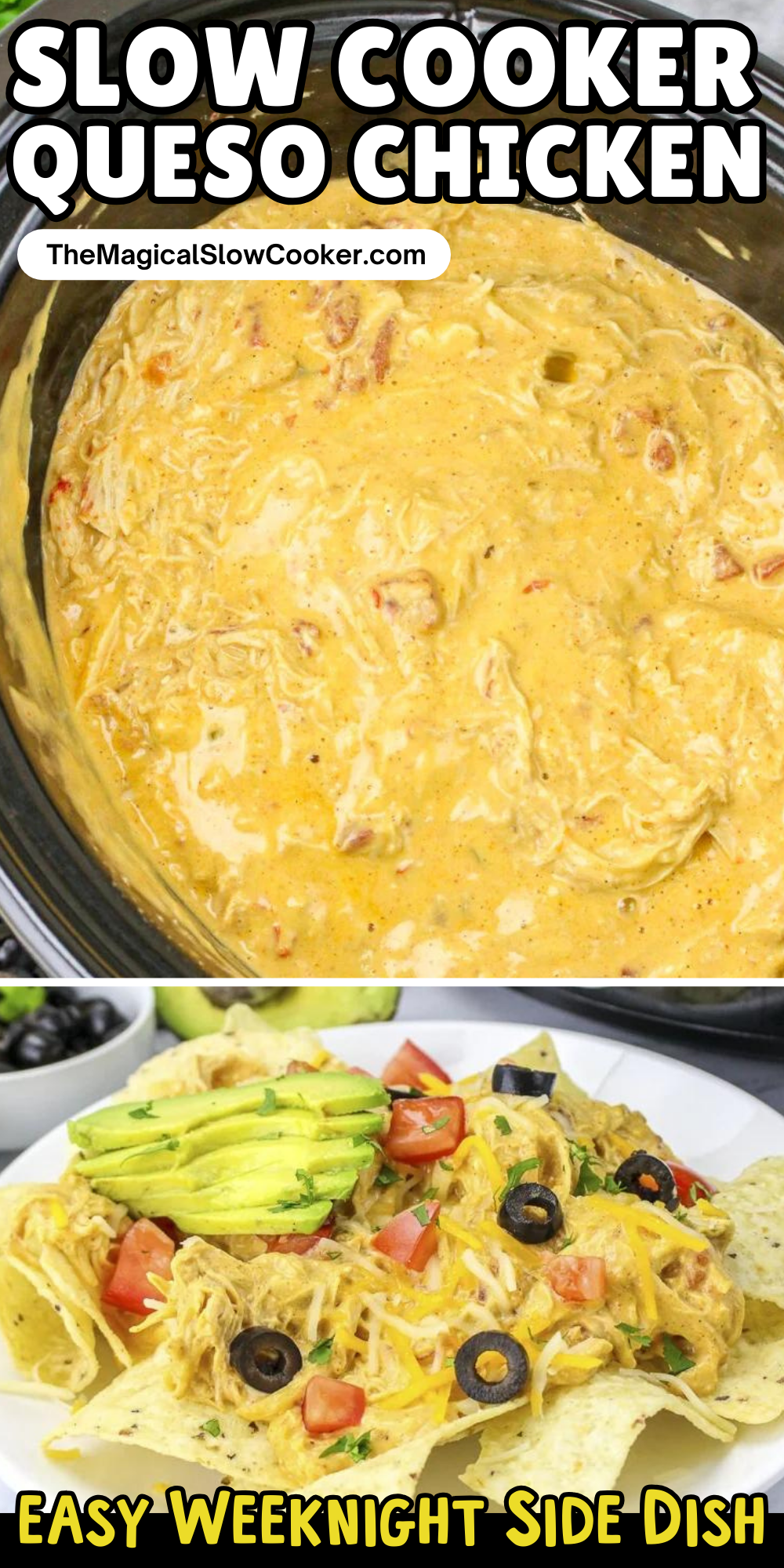 queso chicken images with text overlay for pinterest.