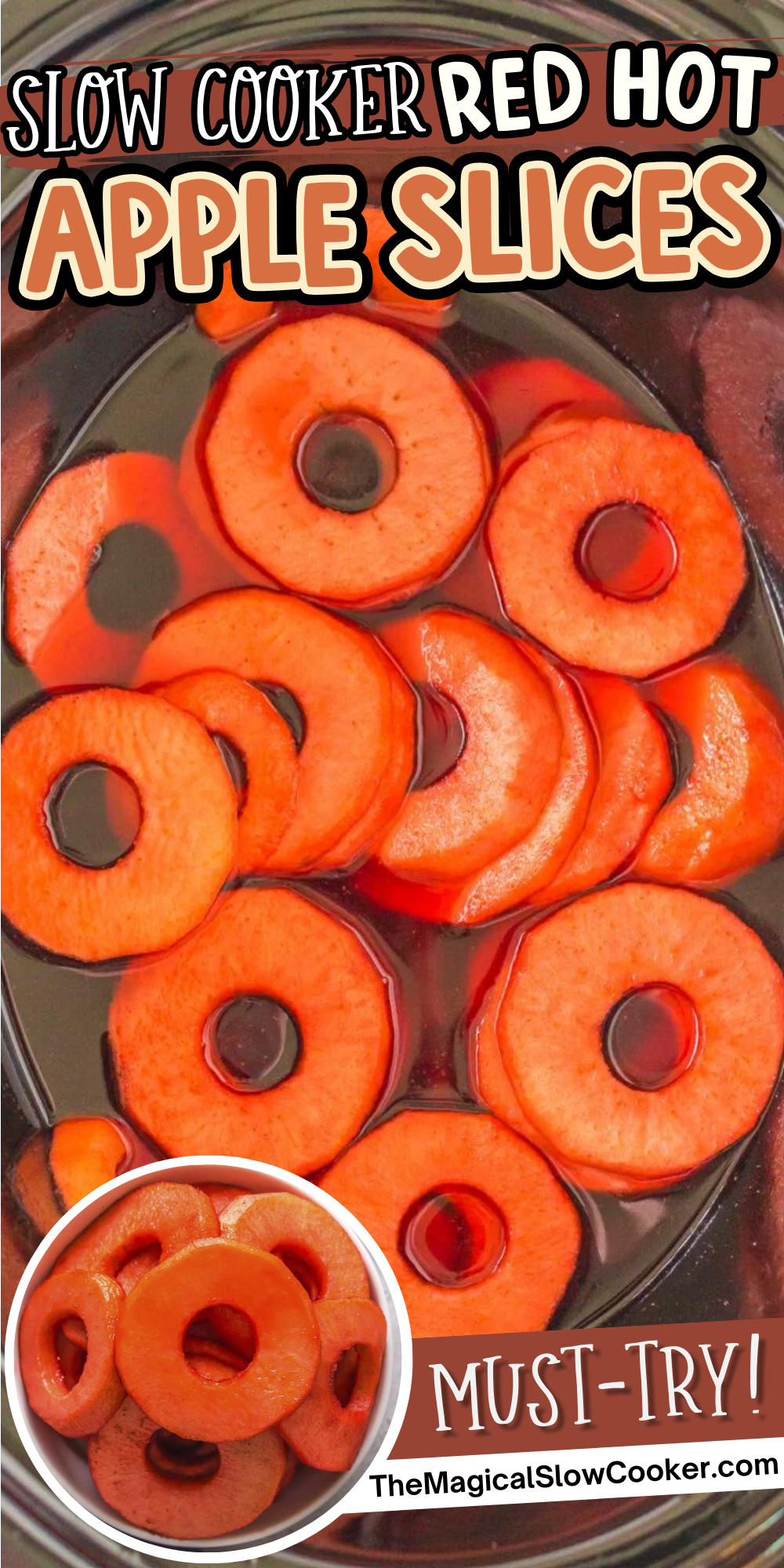Red hot apple slices images with text overlay for pinterest.