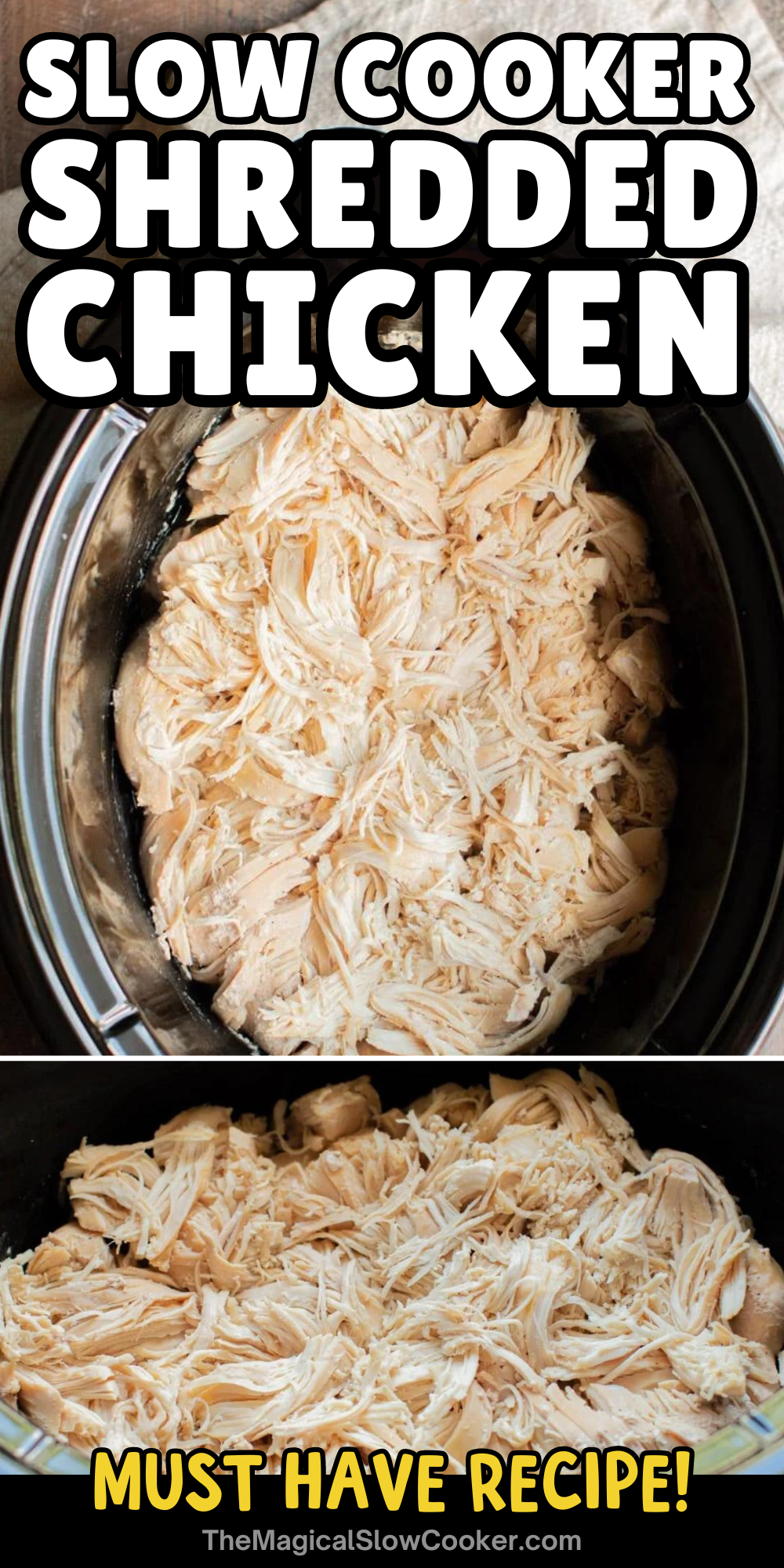 Shredded chicken images with text overlay for pinterest.