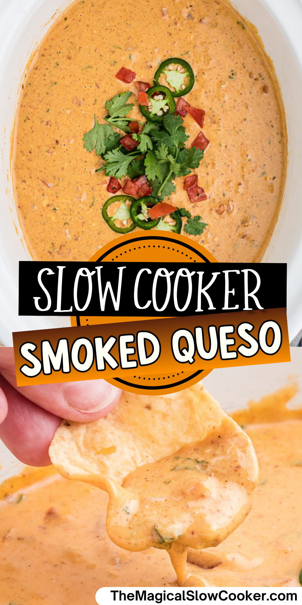 Smoked queso images with text overlay for pinterest.