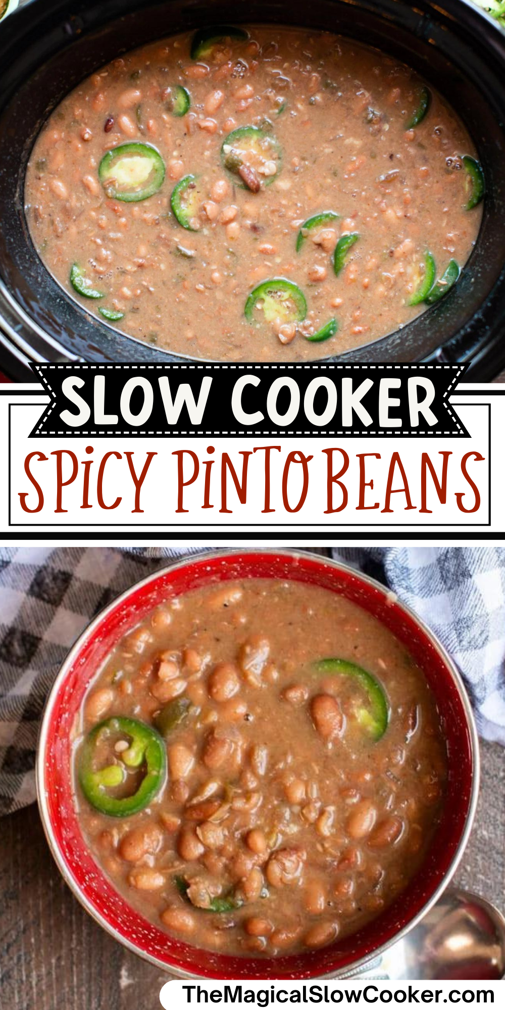 Spicy pinto beans images with text overlay for pinterest.