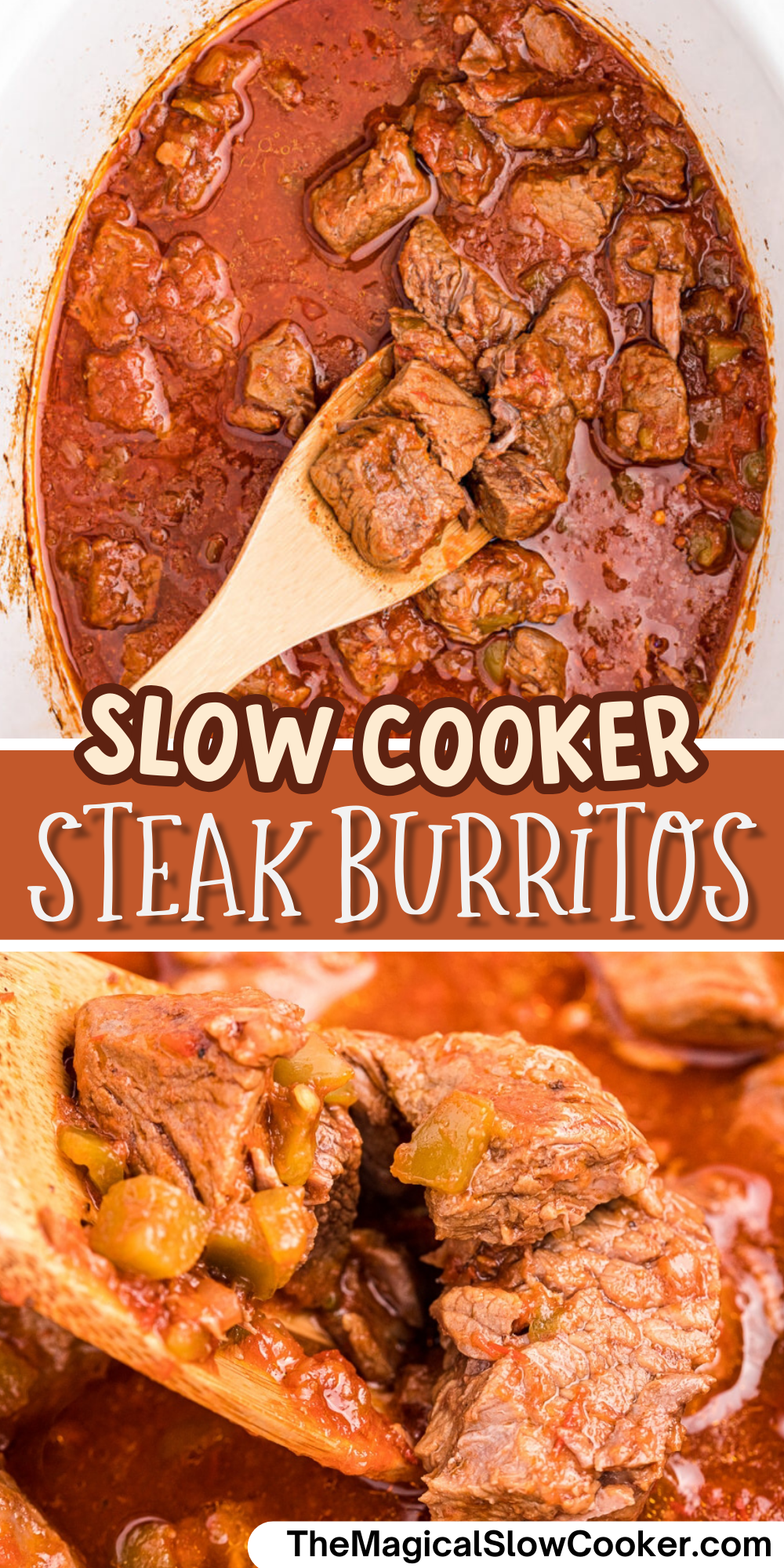 Steak burritos images with text overlay for pinterest.