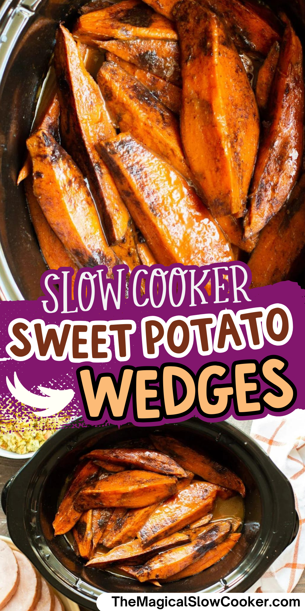Sweet potato wedges images with text overlay for pinterest.