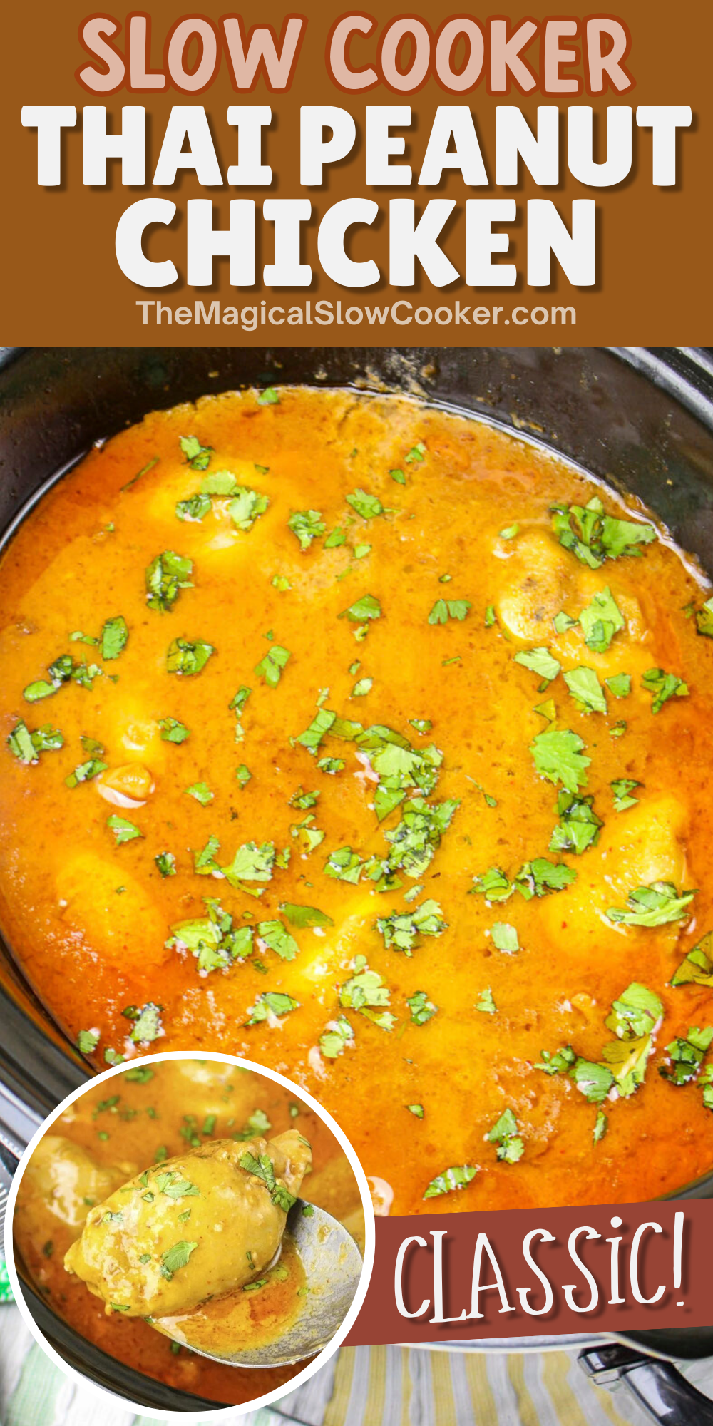 Thai peanut chicken images with text overlay for pinterest.